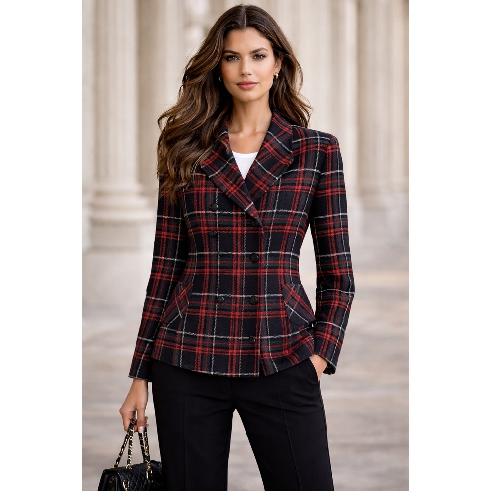 CAbi Red and Black Plaid Double-Breasted Blazer